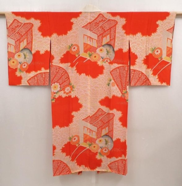 Photo1: 6622T01z450 Antique Japanese Kimono Silk JUBAN Royal cart Tomato red (1)