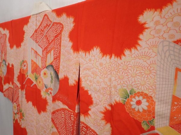 Photo2: 6622T01z450 Antique Japanese Kimono Silk JUBAN Royal cart Tomato red (2)