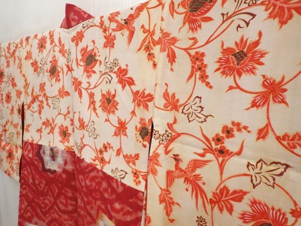 Photo7: 6622T02z400 Vintage Japanese Kimono Silk MEISEN HAORI Rose Dull red (7)