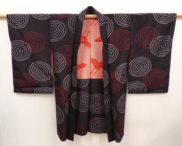 Photo7: 6622T03z440 Vintage Japanese Kimono Silk MEISEN HAORI  Black (7)