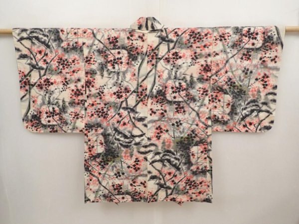 Photo1: 6622T04z390 Vintage Japanese Kimono Silk MEISEN HAORI Plum tree Off-white (1)