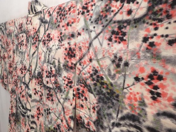 Photo2: 6622T04z390 Vintage Japanese Kimono Silk MEISEN HAORI Plum tree Off-white (2)