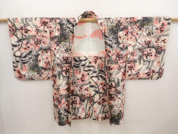 Photo5: 6622T04z390 Vintage Japanese Kimono Silk MEISEN HAORI Plum tree Off-white (5)