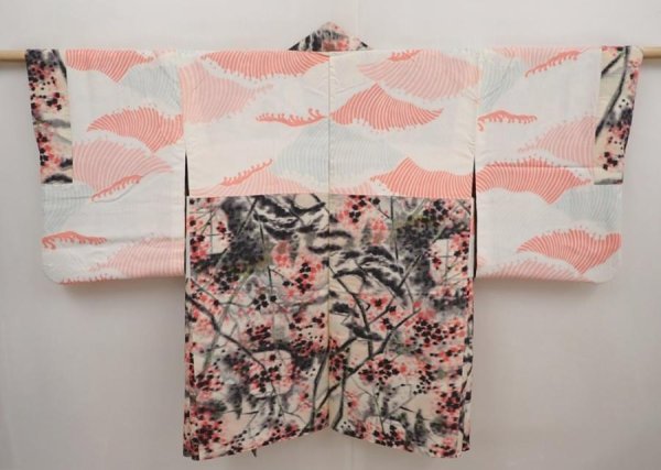 Photo6: 6622T04z390 Vintage Japanese Kimono Silk MEISEN HAORI Plum tree Off-white (6)