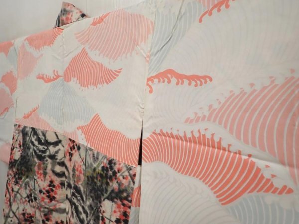 Photo7: 6622T04z390 Vintage Japanese Kimono Silk MEISEN HAORI Plum tree Off-white (7)