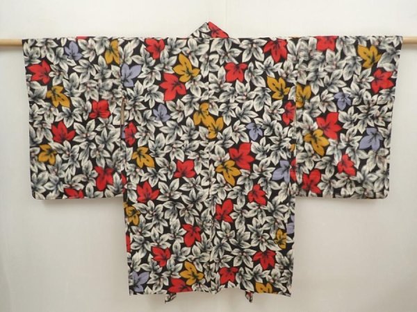 Photo1: 6622T05z470 Vintage Japanese Kimono Silk MEISEN HAORI Leaf Black (1)