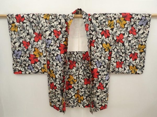 Photo5: 6622T05z470 Vintage Japanese Kimono Silk MEISEN HAORI Leaf Black (5)