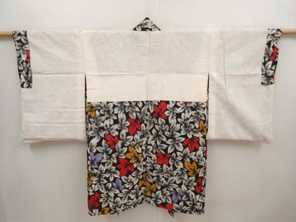 Photo6: 6622T05z470 Vintage Japanese Kimono Silk MEISEN HAORI Leaf Black (6)