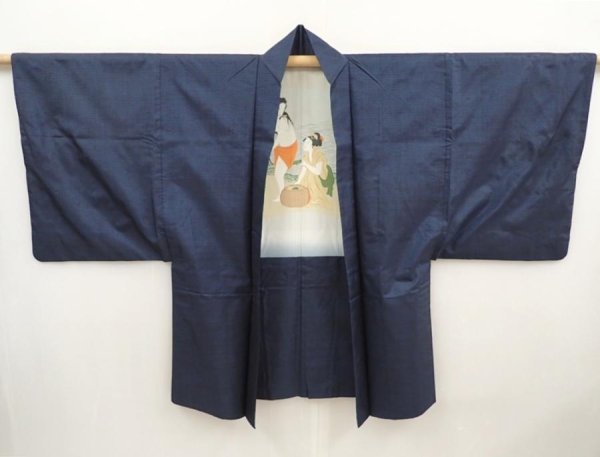 Photo4: 6622T07z520 Vintage Japanese Kimono Silk Men's Oshima HAORI Shunga Navy (4)