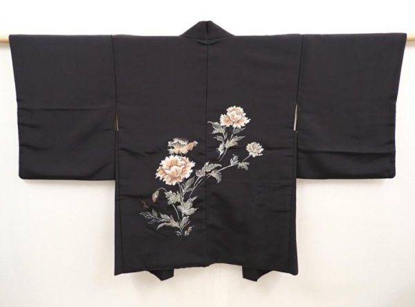 Photo1: 6622T08z530 Vintage Japanese Kimono Silk HAORI Flower Black (1)