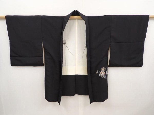 Photo5: 6622T08z530 Vintage Japanese Kimono Silk HAORI Flower Black (5)