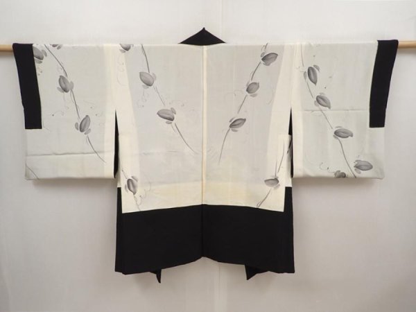 Photo6: 6622T08z530 Vintage Japanese Kimono Silk HAORI Flower Black (6)