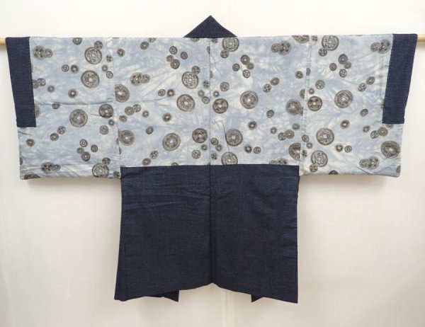Photo1: 6622T09z530 Vintage Japanese Kimono Silk Men's HAORI Old coins Blue-Gray (1)