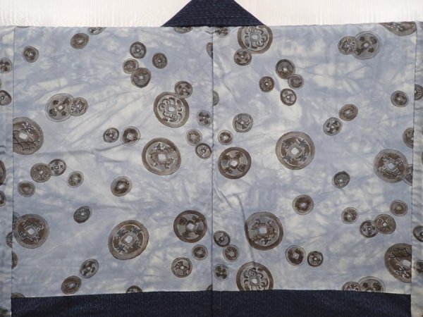Photo3: 6622T09z530 Vintage Japanese Kimono Silk Men's HAORI Old coins Blue-Gray (3)