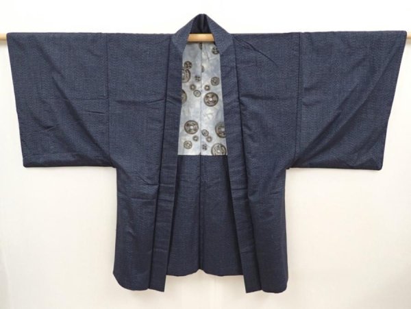 Photo6: 6622T09z530 Vintage Japanese Kimono Silk Men's HAORI Old coins Blue-Gray (6)