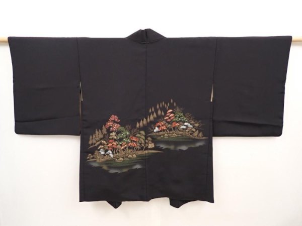 Photo1: 6622T11z510 Vintage Japanese Kimono Silk HAORI Trees Black (1)