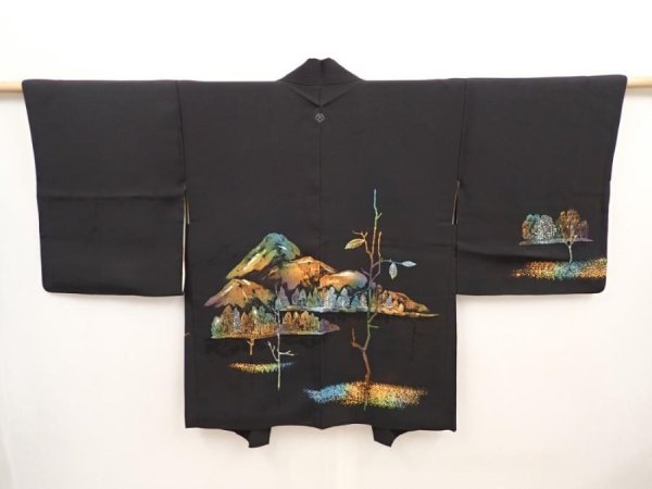 Photo1: 6622T12z590 Vintage Japanese Kimono Silk HAORI Trees Black (1)