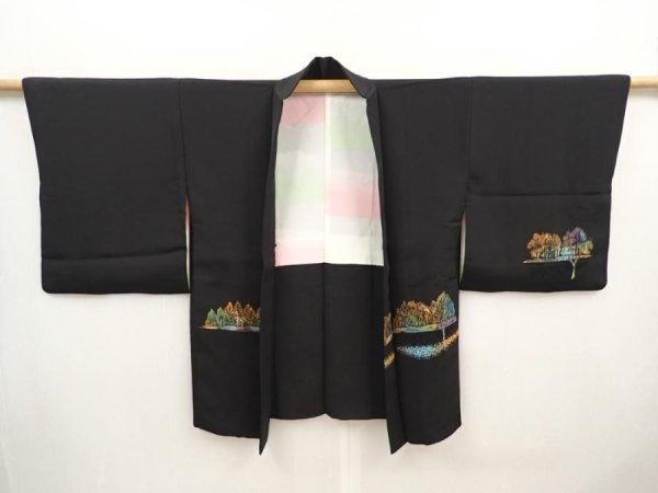 Photo6: 6622T12z590 Vintage Japanese Kimono Silk HAORI Trees Black (6)