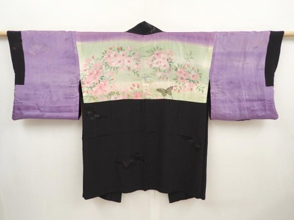 Photo1: 6626T02z460 Vintage Japanese Kimono Silk HAORI Bamboo grass Black (1)
