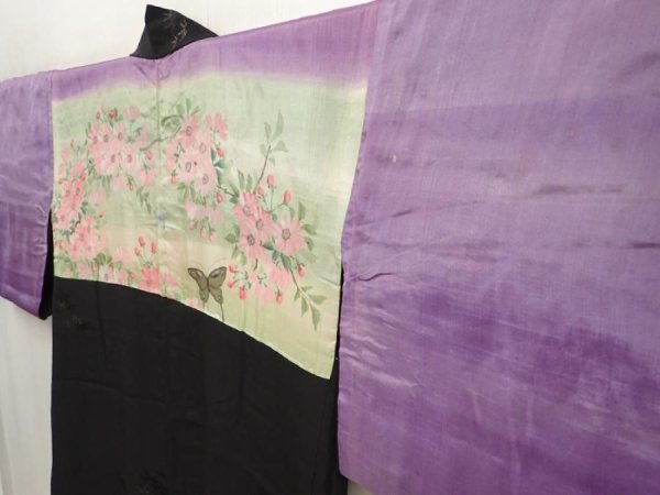 Photo2: 6626T02z460 Vintage Japanese Kimono Silk HAORI Bamboo grass Black (2)