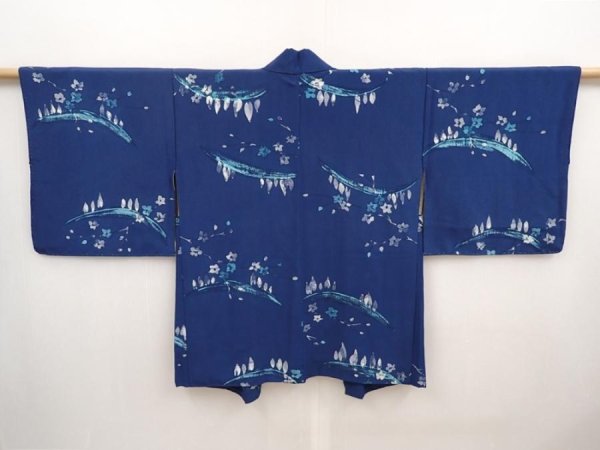 Photo1: 6626T03z410 Vintage Japanese Kimono Silk HAORI Flower Dark blue (1)