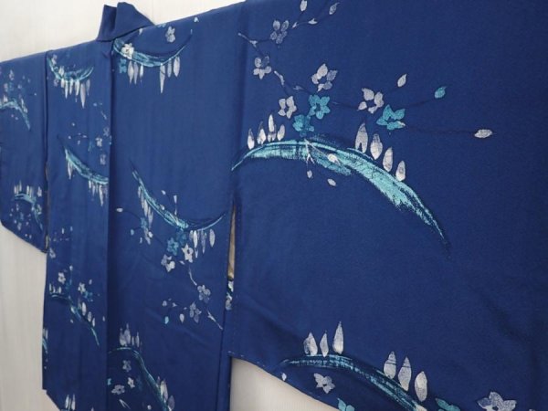 Photo2: 6626T03z410 Vintage Japanese Kimono Silk HAORI Flower Dark blue (2)