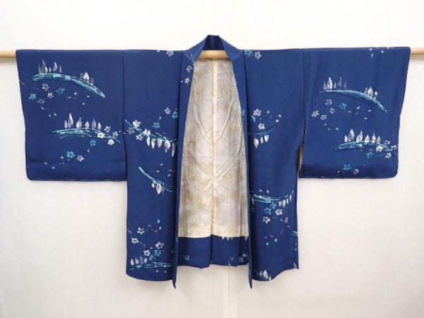 Photo5: 6626T03z410 Vintage Japanese Kimono Silk HAORI Flower Dark blue (5)