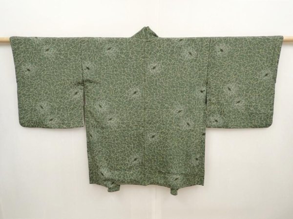 Photo1: 6626T05z400 Vintage Japanese Kimono Silk HAORI Leaf Grass green (1)