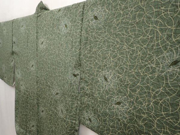 Photo2: 6626T05z400 Vintage Japanese Kimono Silk HAORI Leaf Grass green (2)