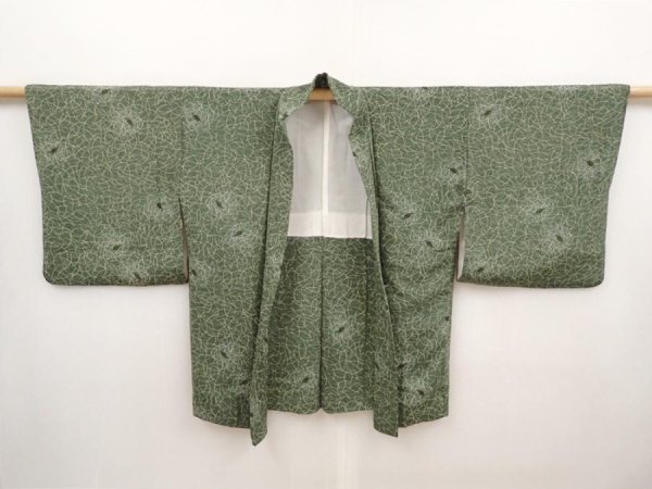 Photo5: 6626T05z400 Vintage Japanese Kimono Silk HAORI Leaf Grass green (5)