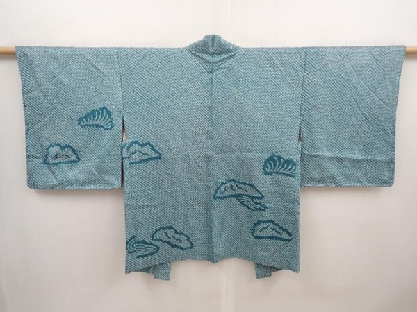 Photo1: 6626T06z520 Vintage Japanese Kimono Silk SHIBORI HAORI  Deep cyan (1)