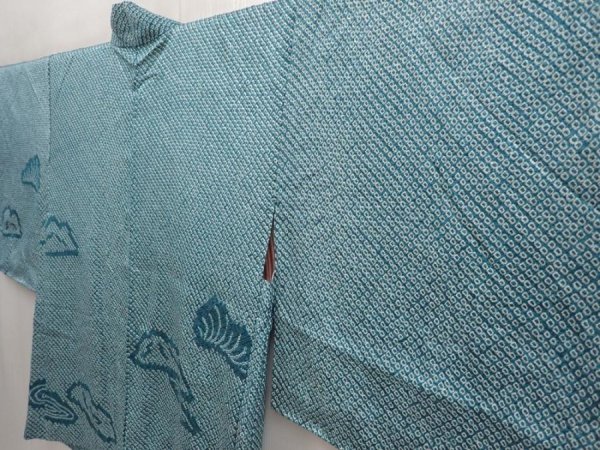Photo2: 6626T06z520 Vintage Japanese Kimono Silk SHIBORI HAORI  Deep cyan (2)