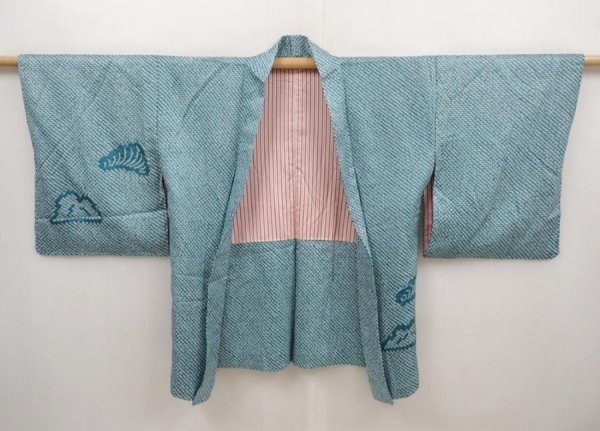 Photo5: 6626T06z520 Vintage Japanese Kimono Silk SHIBORI HAORI  Deep cyan (5)
