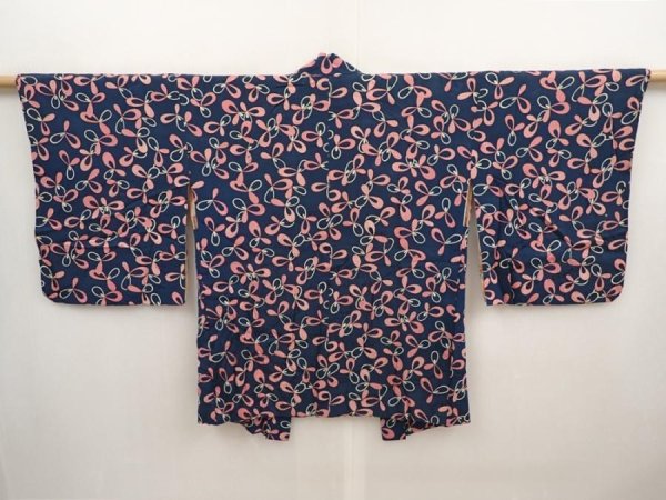 Photo1: 6626T07z340 Vintage Japanese Kimono Silk HAORI  Navy (1)