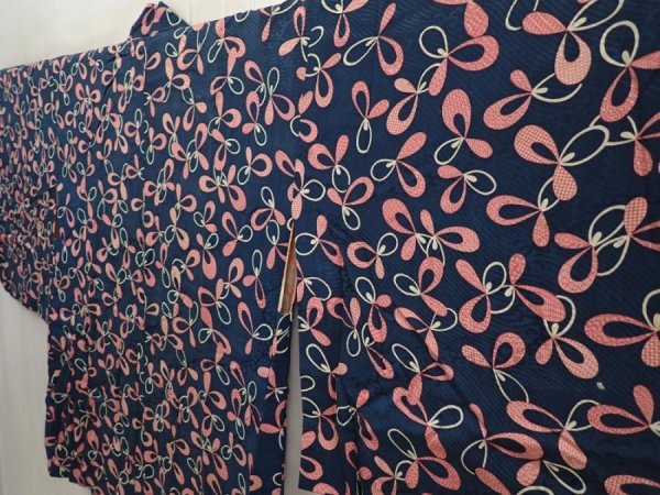 Photo2: 6626T07z340 Vintage Japanese Kimono Silk HAORI  Navy (2)