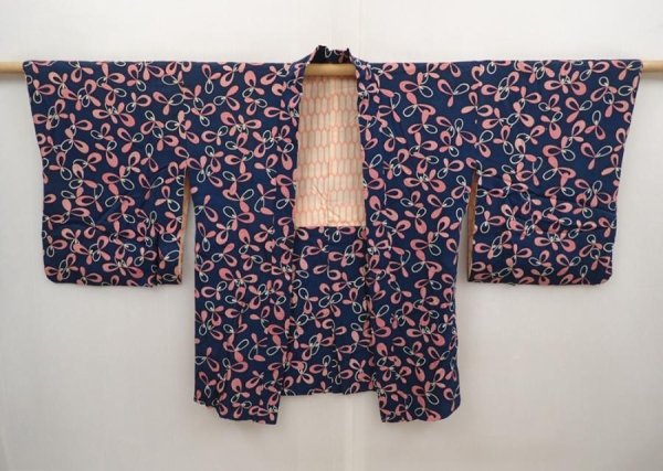 Photo7: 6626T07z340 Vintage Japanese Kimono Silk HAORI  Navy (7)