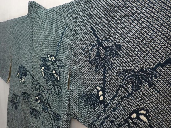 Photo2: 6626T09z440 Vintage Japanese Kimono Silk SHIBORI HAORI  Dark cyan (2)