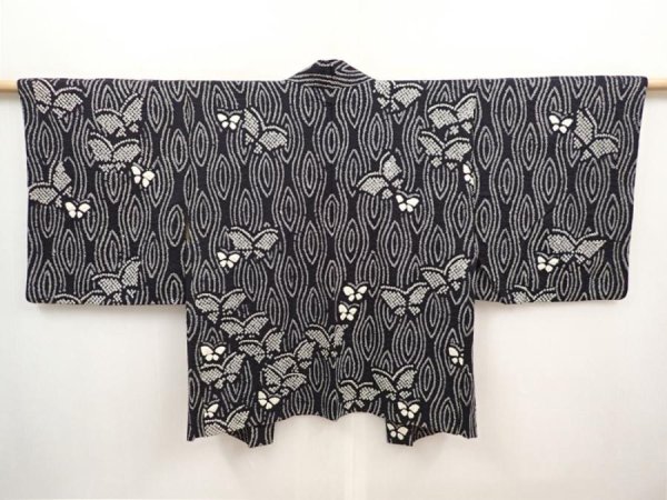 Photo1: 6626T11z460 Vintage Japanese Kimono Silk SHIBORI HAORI Butterfly Black (1)