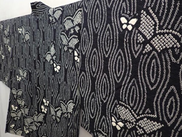Photo2: 6626T11z460 Vintage Japanese Kimono Silk SHIBORI HAORI Butterfly Black (2)