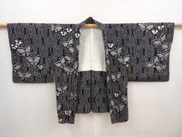 Photo5: 6626T11z460 Vintage Japanese Kimono Silk SHIBORI HAORI Butterfly Black (5)