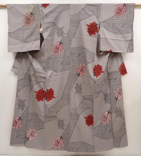 Photo1: 6626T12z870 Vintage Japanese Kimono Silk OMESHI Rose Gray (1)