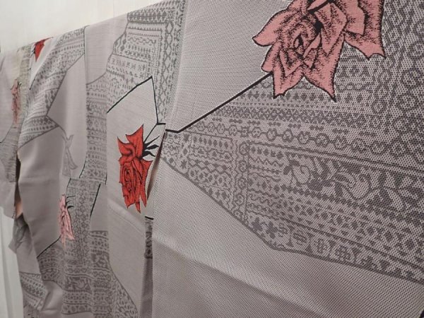 Photo2: 6626T12z870 Vintage Japanese Kimono Silk OMESHI Rose Gray (2)
