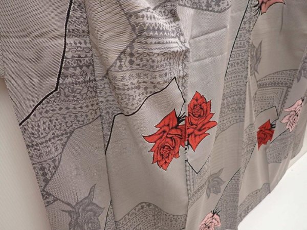 Photo3: 6626T12z870 Vintage Japanese Kimono Silk OMESHI Rose Gray (3)