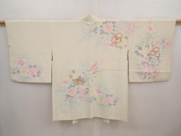 Photo1: 6629T02z610 Vintage Japanese Kimono Silk HAORI Flowers Off-white (1)