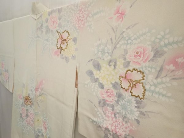Photo2: 6629T02z610 Vintage Japanese Kimono Silk HAORI Flowers Off-white (2)