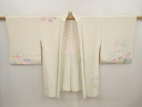 Photo5: 6629T02z610 Vintage Japanese Kimono Silk HAORI Flowers Off-white (5)