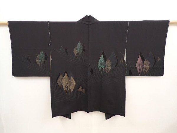 Photo1: 6629T05z560 Vintage Japanese Kimono Silk HAORI Trees Black (1)