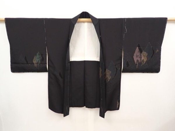 Photo5: 6629T05z560 Vintage Japanese Kimono Silk HAORI Trees Black (5)