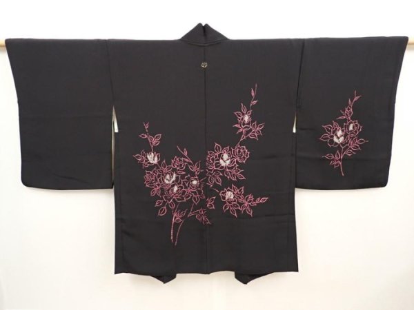 Photo1: 6629T07z550 Vintage Japanese Kimono Silk HAORI Flower Black (1)