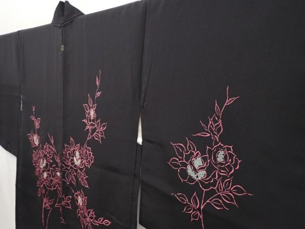 Photo2: 6629T07z550 Vintage Japanese Kimono Silk HAORI Flower Black (2)